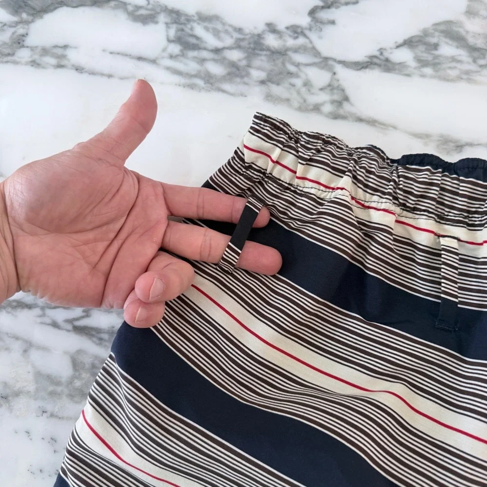Prada UB378 Men's Medium Navy Blue White striped technical fabric swim trunks